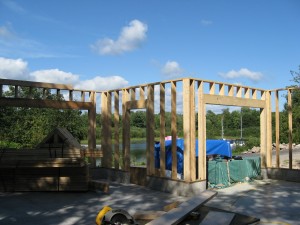 Partridge Bay Garage During Construction Framing Looking Out